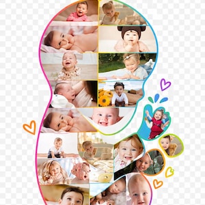 Puede incluir: Un colorido collage de fotos en forma de huella, con múltiples imágenes de bebés. El texto "You Are Our Sunshine" y "Olivia" están escritos en arcoíris. También se incluye la fecha "10.07.2024".