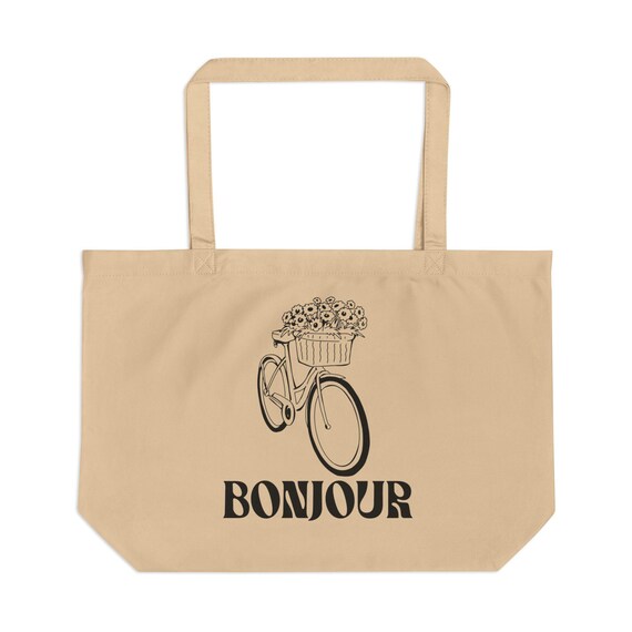 eco tote travel shopping bag Bonjour Bicycle Large Eco Tote, Reusable Grocery Bag for Farmer's Market,  Shopping, Beach, Travel, Gift