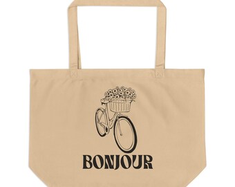 Bonjour Bicycle Large Eco Tote, Reusable Grocery Bag for Farmer's Market, Shopping, Beach, Travel, Gift