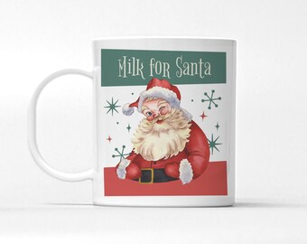 Milk for Santa Break-Resistant Mug, Goes with Santa's Cookies,  Retro Vintage Christmas Mug, Cookies for Santa Mug, Matching Plate Available