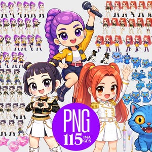 May include: A digital art collection featuring anime-style characters. The image includes multiple illustrations of girls in various outfits, a girl holding a microphone, and a blue cat. The text "PNG 115 IMAGES" is in a purple circle.