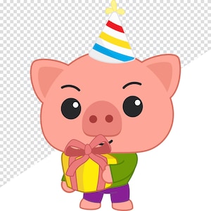 May include: A cartoon pig wearing a party hat with red, yellow, and blue stripes, holding a yellow gift box with a pink bow. The pig is wearing a green shirt and purple pants.