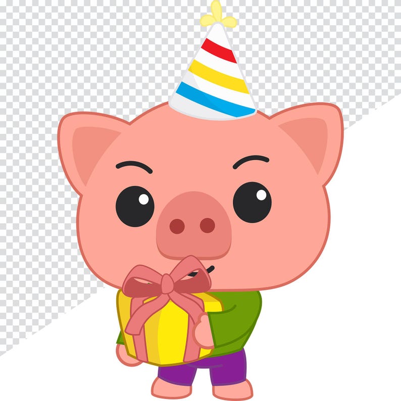 May include: A cartoon pig wearing a party hat with red, yellow, and blue stripes, holding a yellow gift box with a pink bow. The pig is wearing a green shirt and purple pants.