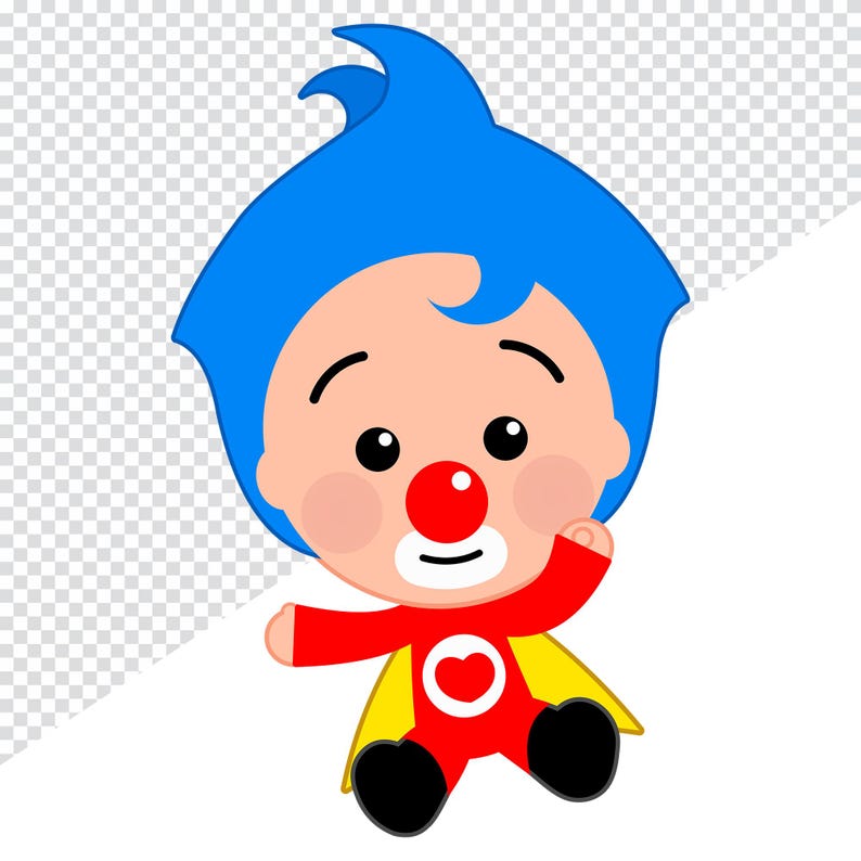 May include: A cartoon character with blue hair, a red nose, and a red outfit with a yellow cape. The character has a white face with black eyes and a smiling mouth. A heart is on the chest of the red outfit.