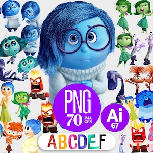 May include: A selection of cartoon character images from the film Inside Out. The characters display diverse emotions, with a colour scheme of blue, green, red, and yellow. The image includes the text "PNG 70 IMAGES" and "Ai 67".
