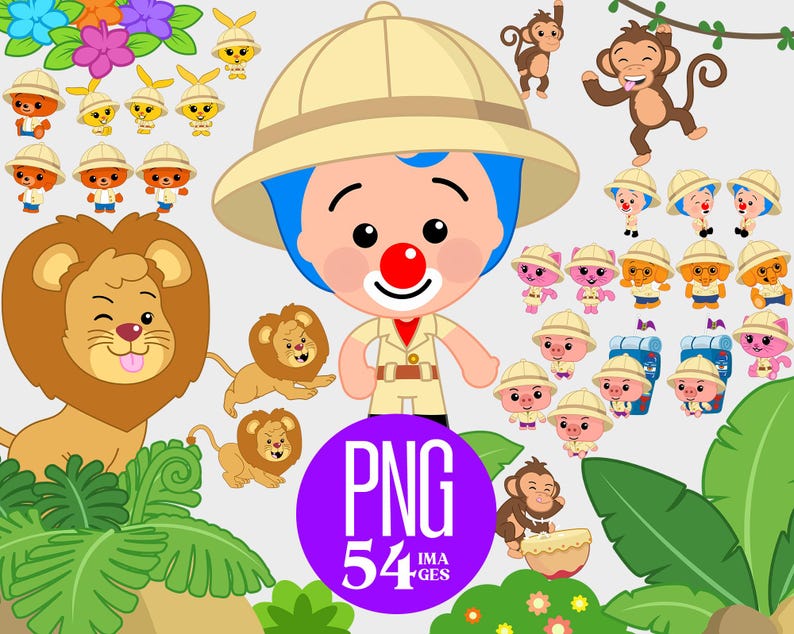 May include: A collection of cartoon illustrations featuring a safari theme. Includes a clown character with a safari hat, lions, monkeys, and various animal characters wearing safari hats. The image has a purple circle with the text "PNG 54 IMAGES".