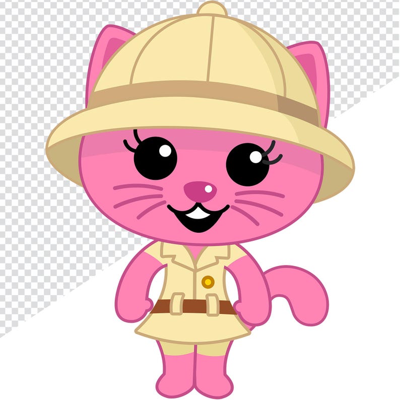 May include: A cartoon pink cat character wearing a tan safari hat and matching safari outfit. The cat has large black eyes, a pink nose, and whiskers. The outfit includes a collared shirt, belt, and shorts.