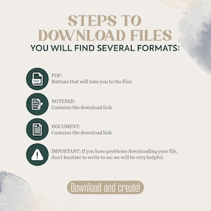 May include: A beige graphic with instructions on how to download files. The text reads "STEPS TO DOWNLOAD FILES" and "YOU WILL FIND SEVERAL FORMATS:" with icons for PDF, Notepad, and Document. The bottom says "Download and create!"