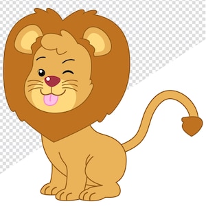 May include: A cartoon lion illustration with a brown mane, tail, and body. The lion is winking with its tongue sticking out. The background is transparent.