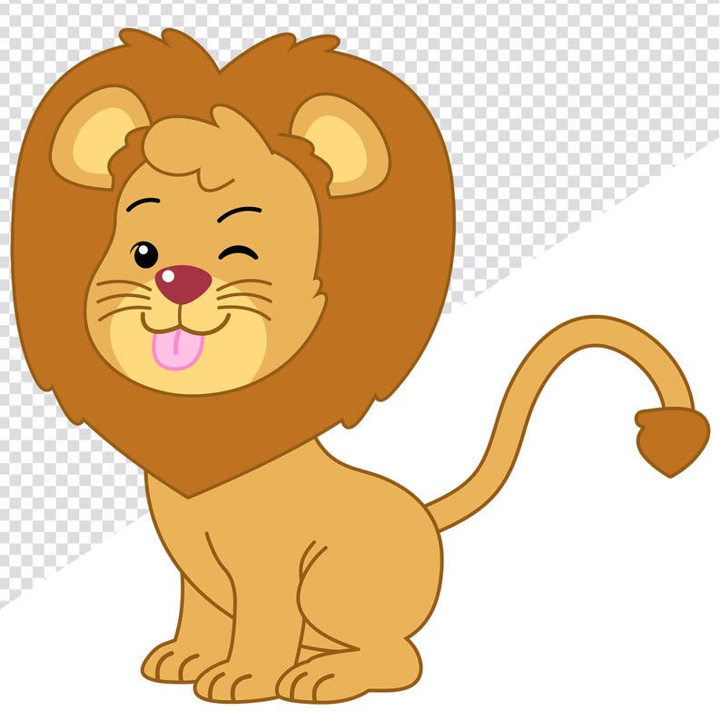 May include: A cartoon lion illustration with a brown mane, tail, and body. The lion is winking with its tongue sticking out. The background is transparent.