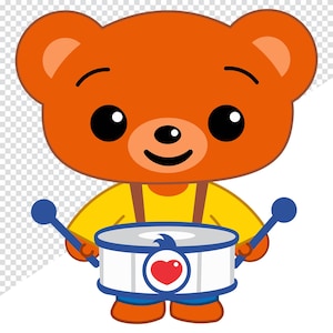 May include: A cartoon bear character with orange fur, wearing a yellow shirt and blue pants. The bear is holding a white drum with a red heart design and blue drumsticks. The bear has large black eyes and a smiling expression.