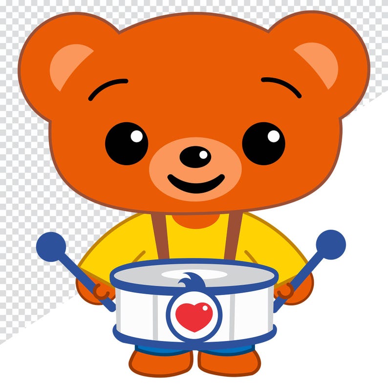 May include: A cartoon bear character with orange fur, wearing a yellow shirt and blue pants. The bear is holding a white drum with a red heart design and blue drumsticks. The bear has large black eyes and a smiling expression.