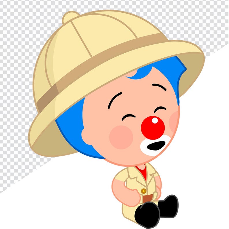 May include: Cartoon illustration of a smiling clown character wearing a tan safari hat and matching jacket. The clown has blue hair, a red nose, and is wearing a red shirt. The character is sitting down with black shoes.