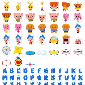 May include: A collection of colorful cartoon character cutouts, including bears, pigs, bunnies, and a giraffe. Also includes circus-themed elements like a ticket booth, a Ferris wheel, and the word "CIRCUS". Blue letters and numbers are also present.