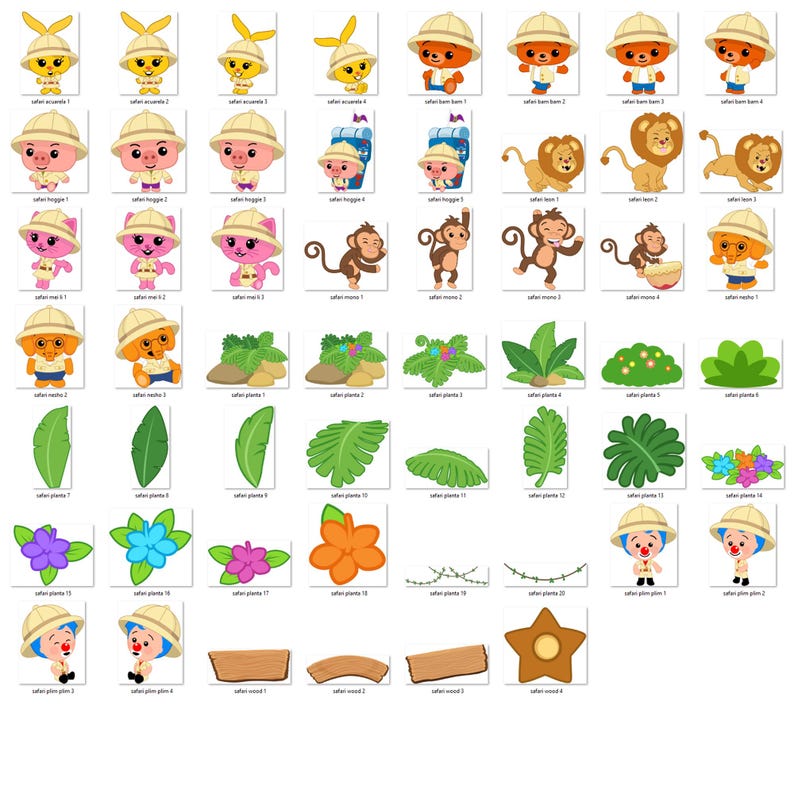 May include: A collection of cartoon illustrations featuring safari animals, plants, and decorative elements. The animals include bunnies, bears, pigs, monkeys, lions, elephants, and cats, all wearing safari hats. Various plants and wooden elements are also included.