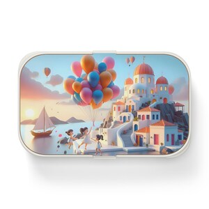 Fiambrera Bento Santorini con divisores, recipiente portátil hermético para alimentos para niños y adultos, elegante caja de preparación de comidas de inspiración griega.