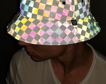 Reflective Checkered Bucket Hat Cap Flash Reactive Fabric Checker Print New