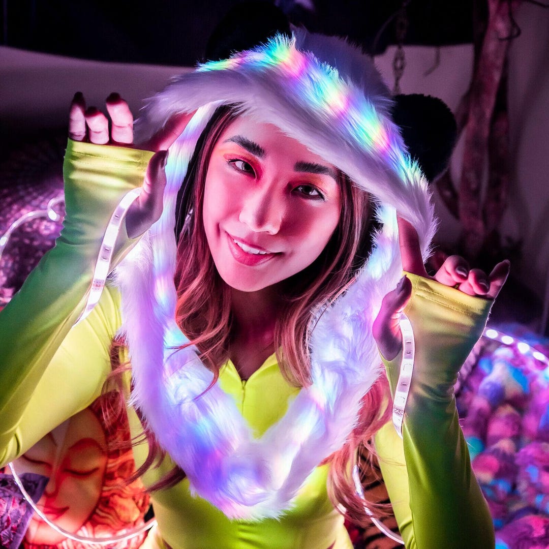 Panda Rave LED Panda Fur Hood 20+ Color Changing Modes W/ Remote Festival Gear ...