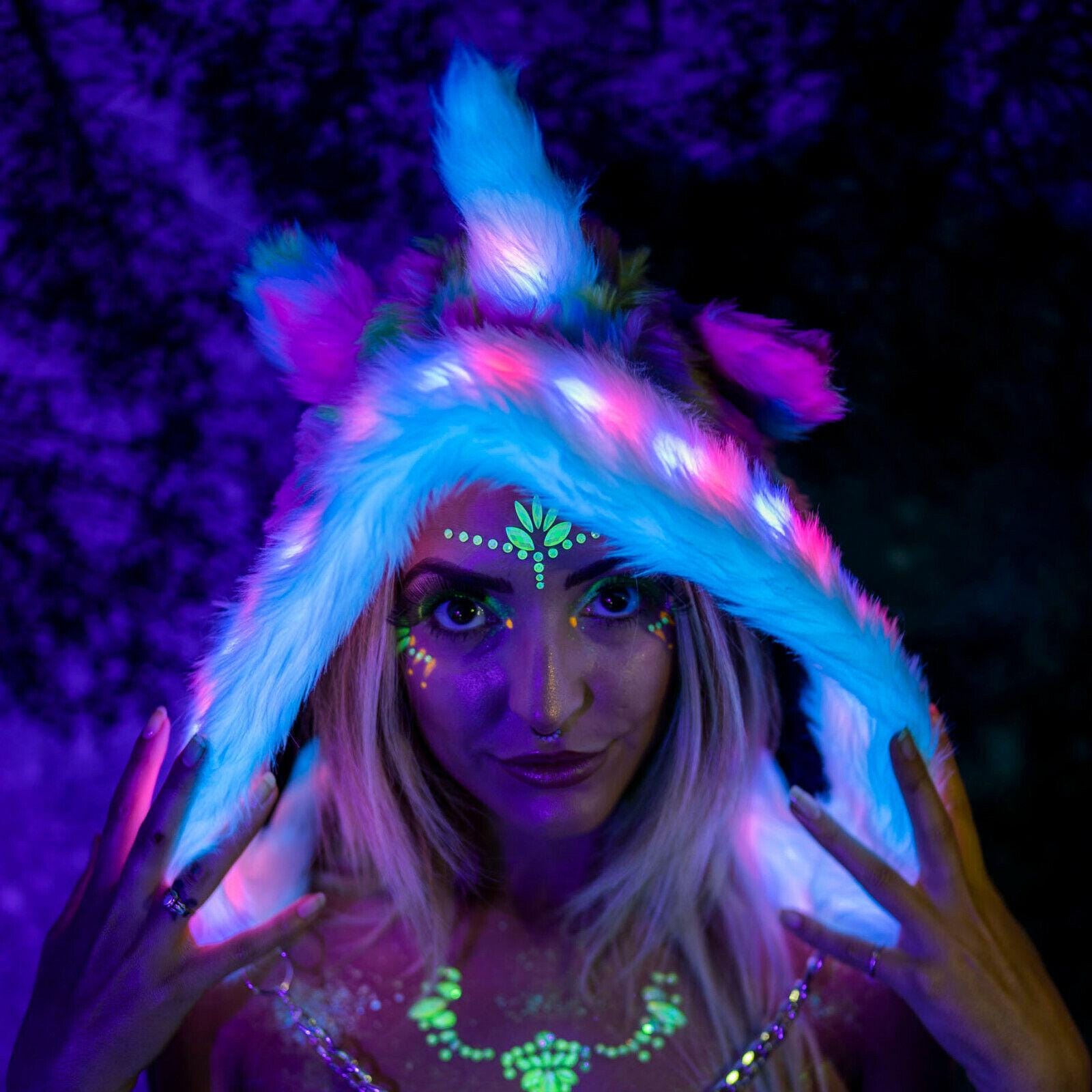 LED Unicorn Fur Hood 20+ Color Changing Modes w/ Remote 3D Horn 3D Ears EDC Festival Gear Rave Wear EDM Party Snowboard Wear Night Clubs New