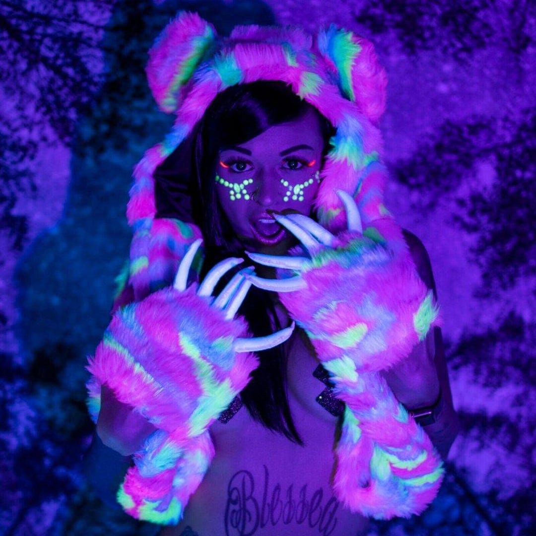 LED Rainbow‎ Fur Hood Blackight Reactive 20+ Color Changing Modes w/ Remote NWT Neon Fur Bear Hood Blacklight Reactive 3D Ears 3D Claws Hand  main image 3