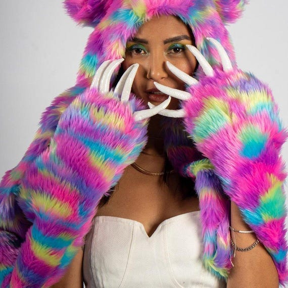 Neon Fur Bear Hood Blacklight Reactive 3D Ears 3D Claws Hand 