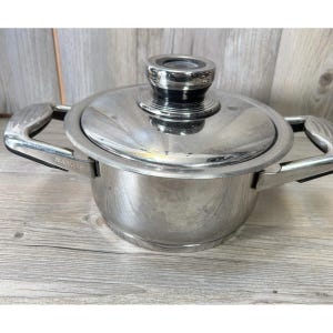 May include: A stainless steel cooking pot with a matching lid and two side handles. The pot features a polished metallic finish and a circular lid with a central knob. The word Platinum is embossed on one of the side handles of the cookware.