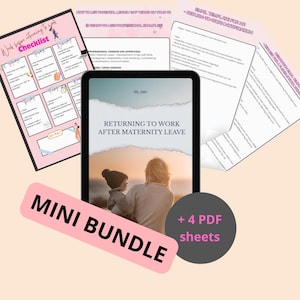 Puede incluir: Un mini paquete de documentos digitales para la vuelta al trabajo después de la baja por maternidad. La imagen muestra una tableta con el título "Returning to Work After Maternity Leave", una lista de verificación y plantillas de correo electrónico. También se ven las palabras "Mini Bundle" y "+ 4 PDF sheets".