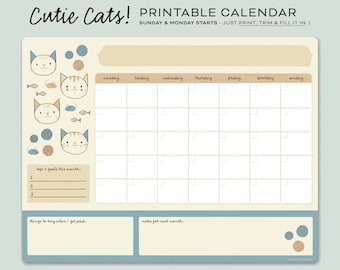 May include: Printable calendar featuring cute cartoon cats with a light blue, beige, and brown color scheme. The calendar has spaces for each day of the week, along with sections for goals, to-do lists, and notes.