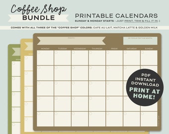 Blank Calendar Bundle Printable in Brown | Coffee Shop Bundle | Retro Minimalist | Cute Open Calendar | Sunday and Monday Starts