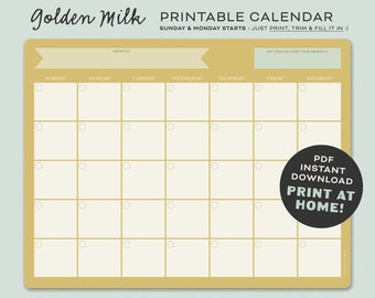 Golden Yellow Blank Open Calendar Printable | Retro Minimalist | Cute Office Planner | Sunday and Monday Starts