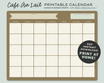 Blank Open Calendar Printable in Brown | Retro Minimalist | Cute Office Planner | Sunday and Monday Starts