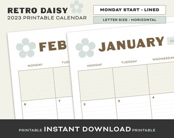 Retro Daisy 2023 Calendar Printable | Monday Start | Lined | Simple Cute Midcentury Modern Minimalist