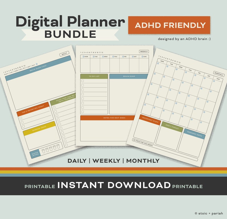 ADHD Digital Planner Bundle | Printable | Retro Colors | Daily • Weekly ...