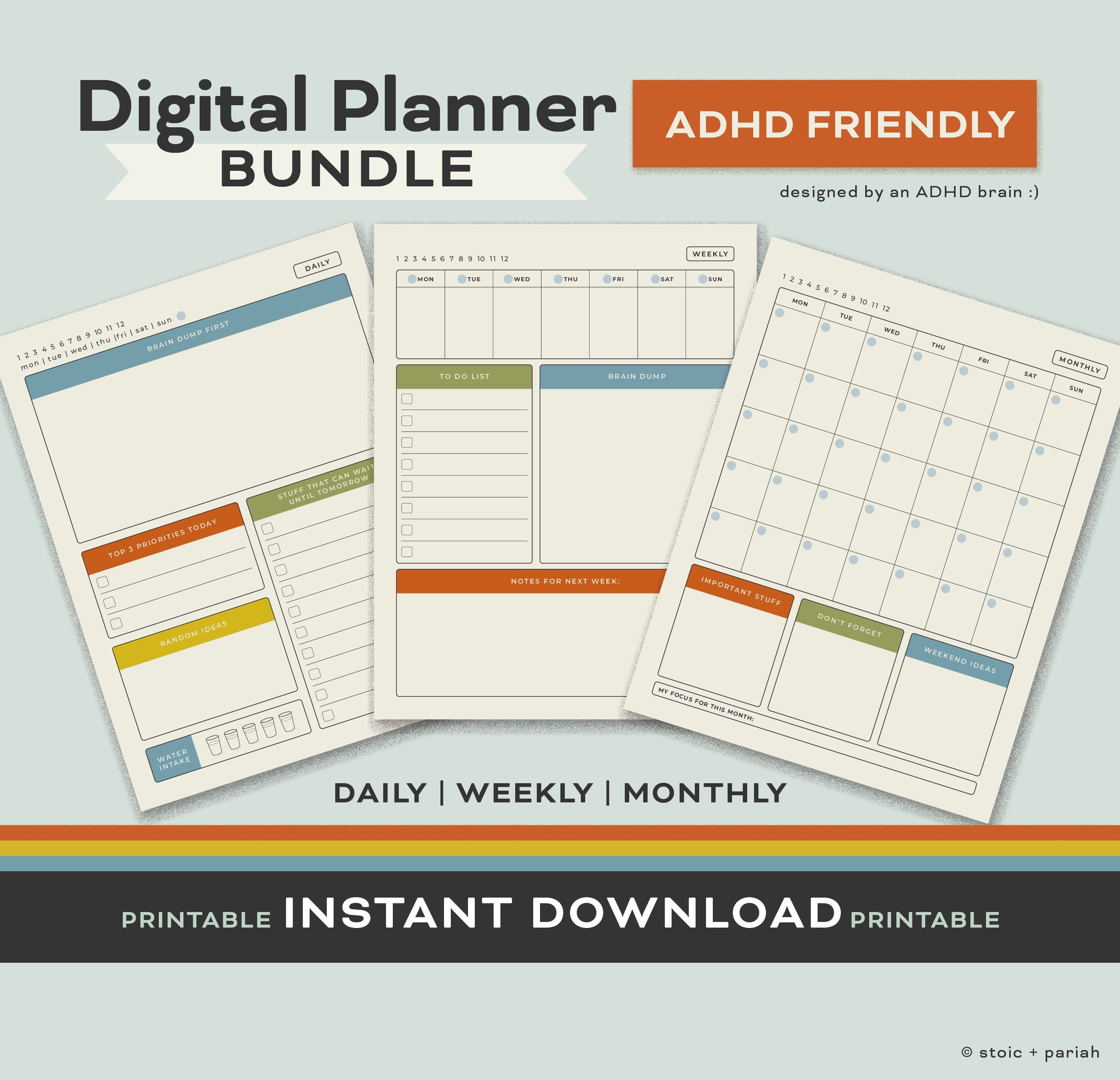 ADHD Digital Planner Bundle | Printable | Retro Colors | Daily • Weekly ...