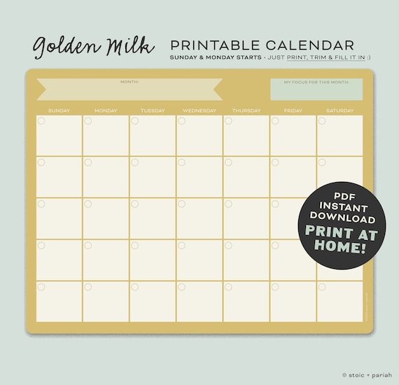Golden Yellow Blank Open Calendar Printable Retro Minimalist Cute Office  Planner Sunday and Monday Starts - Etsy