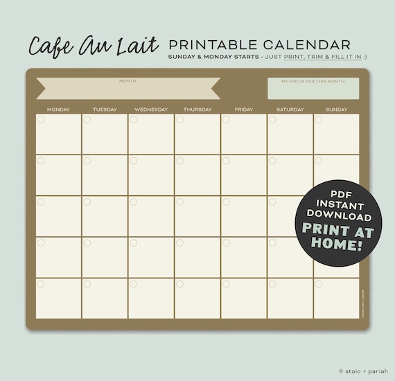 Blank Open Calendar Printable in Brown Retro Minimalist Cute Office Planner  Sunday and Monday Starts - Etsy