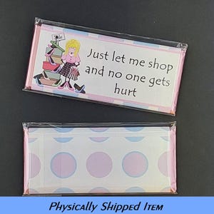 Candy Bar Wrappers, Wrapper Set, Let Me Shop; wrapper + foil pouch + clear plastic cover only; no candy included