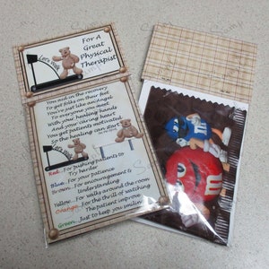 May include: A card with a teddy bear on a treadmill and the text "Let's Walk" and "For A Great Physical Therapist". The card also has a list of colors with descriptions for a physical therapist.