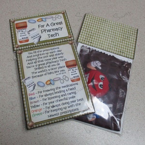May include: A green and brown card with the text "For A Great Pharmacy Tech" and a poem about the duties of a pharmacy technician. The card is decorated with images of prescription bottles and M&M's candies.