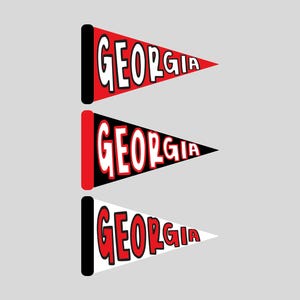 May include: Three pennant flags with the word "GEORGIA" in bold, white letters with a red outline. The flags are red, black, and white, with black vertical bars on the left side. The background is a light gray.