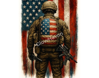 May include: Illustration of a soldier in combat gear, viewed from the back, with an American flag in the background. The soldier's backpack features the American flag. The image has a distressed, watercolor style.