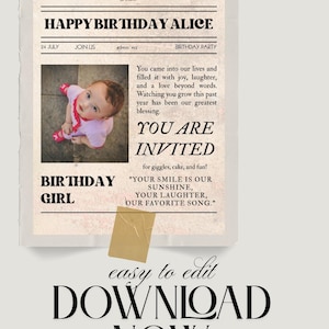 Newspaper Birthday Invitation Template: Pastel Colors (Digital Download)