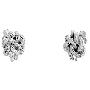 Peut inclure: Une paire de boucles d'oreilles argentées. Chaque boucle d'oreille présente un motif de nœud, avec des boucles entrelacées et une tige pour la fixation à l'oreille. Les boucles d'oreilles sont présentées sur fond blanc.