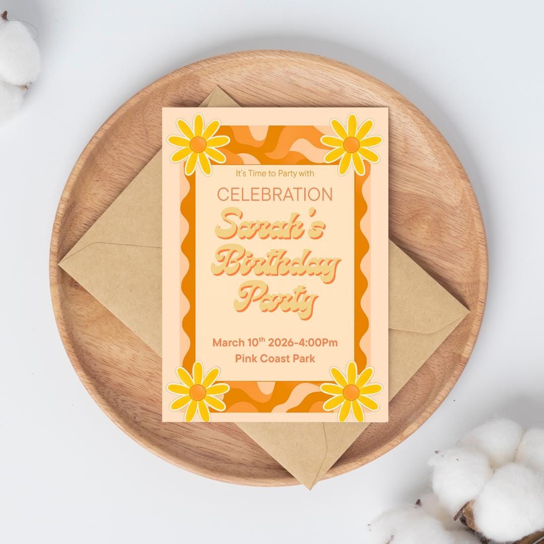 Invite Theme Retro Birthday Invitation for Girls | Groovy Party Invite | Editable ...