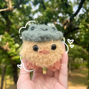 Crochet Fuzzy Duck Plushie In Frog Hat - Handmade Amigurumi Crochet Plush Toy With Hat