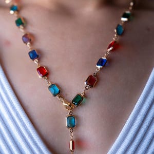 Multicolor Gemstone Y Necklace: Adjustable Boho Lariat, Copper Jewelry