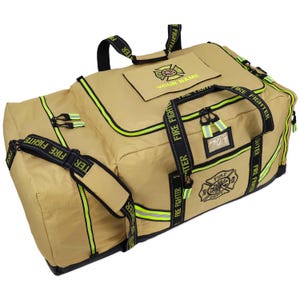 May include: A tan gear bag with neon yellow reflective trim and black webbing straps labeled FIRE FIGHTER. The bag features a rectangular patch with the text YOUR NAME above a Maltese cross emblem and a front pocket with a FIRE DEPT logo.