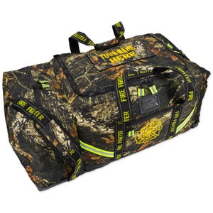 May include: Camouflage duffel bag with the text "YOUR NAME HERE" and "FIRE FIGHTER". The bag has black zippers, reflective yellow stripes, and a yellow firefighter emblem. The bag is designed for carrying gear.