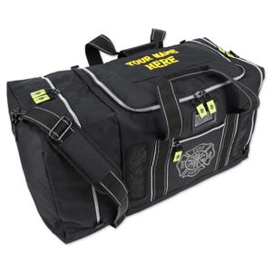 May include: Black duffel bag with white trim and yellow accents. Features the text "YOUR NAME HERE" in yellow, and a "FIRE DEPT" emblem. Includes a shoulder strap and multiple zippered compartments.