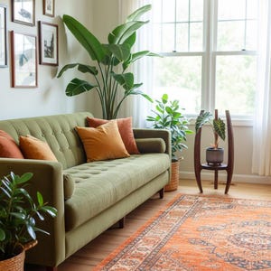 May include: A living room scene featuring a green sofa with orange pillows, a patterned orange rug, and various potted plants. The room has a bright, airy feel with natural light from a large window.